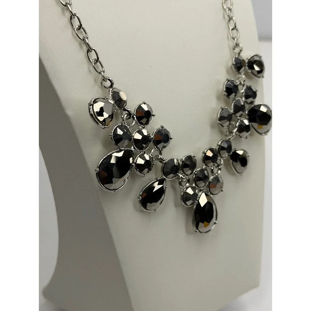 Dark Silver Tone Faceted Stone Statement Bib Necklace Gunmetal Grey Adjustable